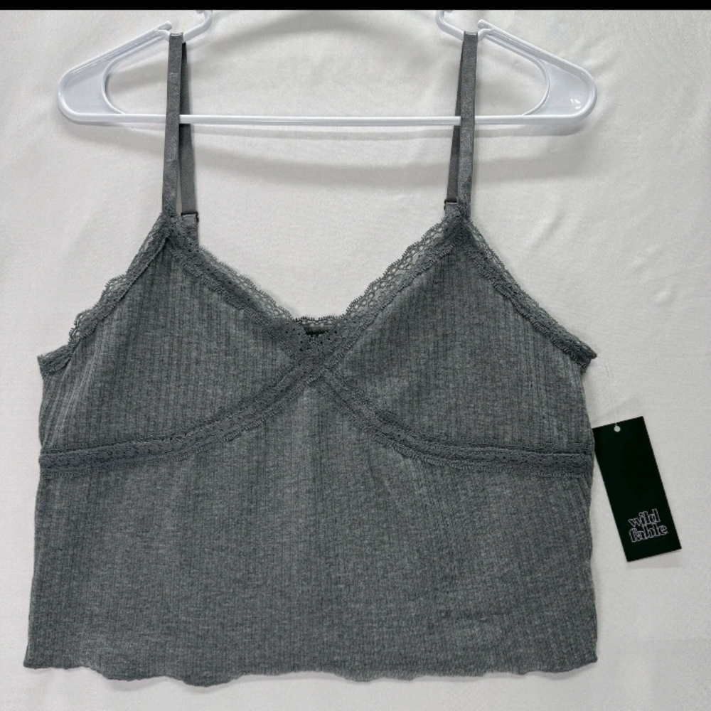 Wild Fable Crop Top Womens Ribbed Knit Tank W Lace Trim Cami Heather Gray